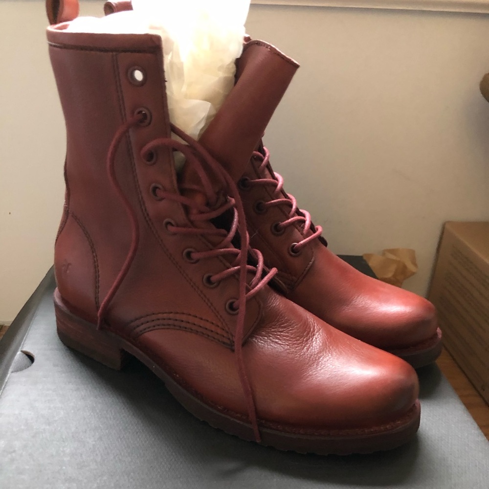 Frye boot.   Veronica combat.  Red clay.
